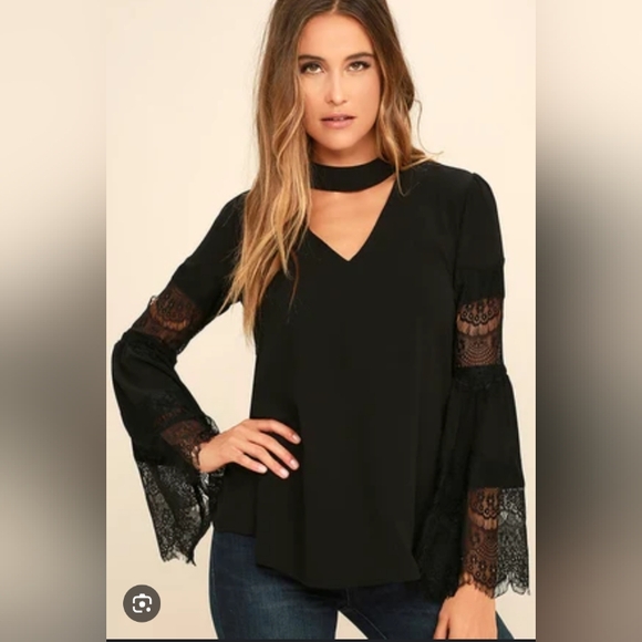 Harve Bernard Chambray Choker Neckline Lace Bella Sleeve Women's Blouse - Picture 1 of 13